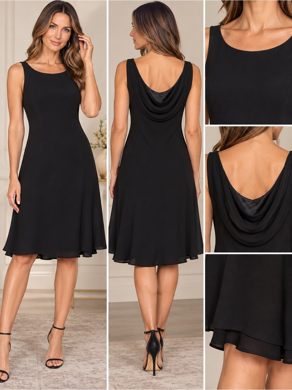 Evan Picone Black Sleeveless Cowl-Back Midi Dress